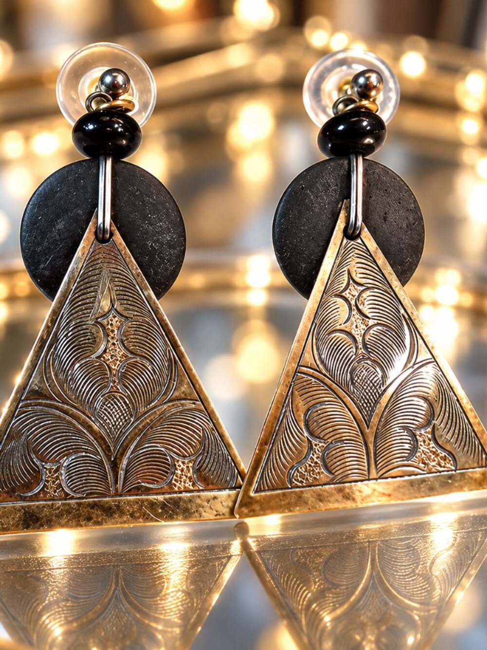 1970s Authentic Ethnic Etched Brass Vintage Earrings Pierced Dangles